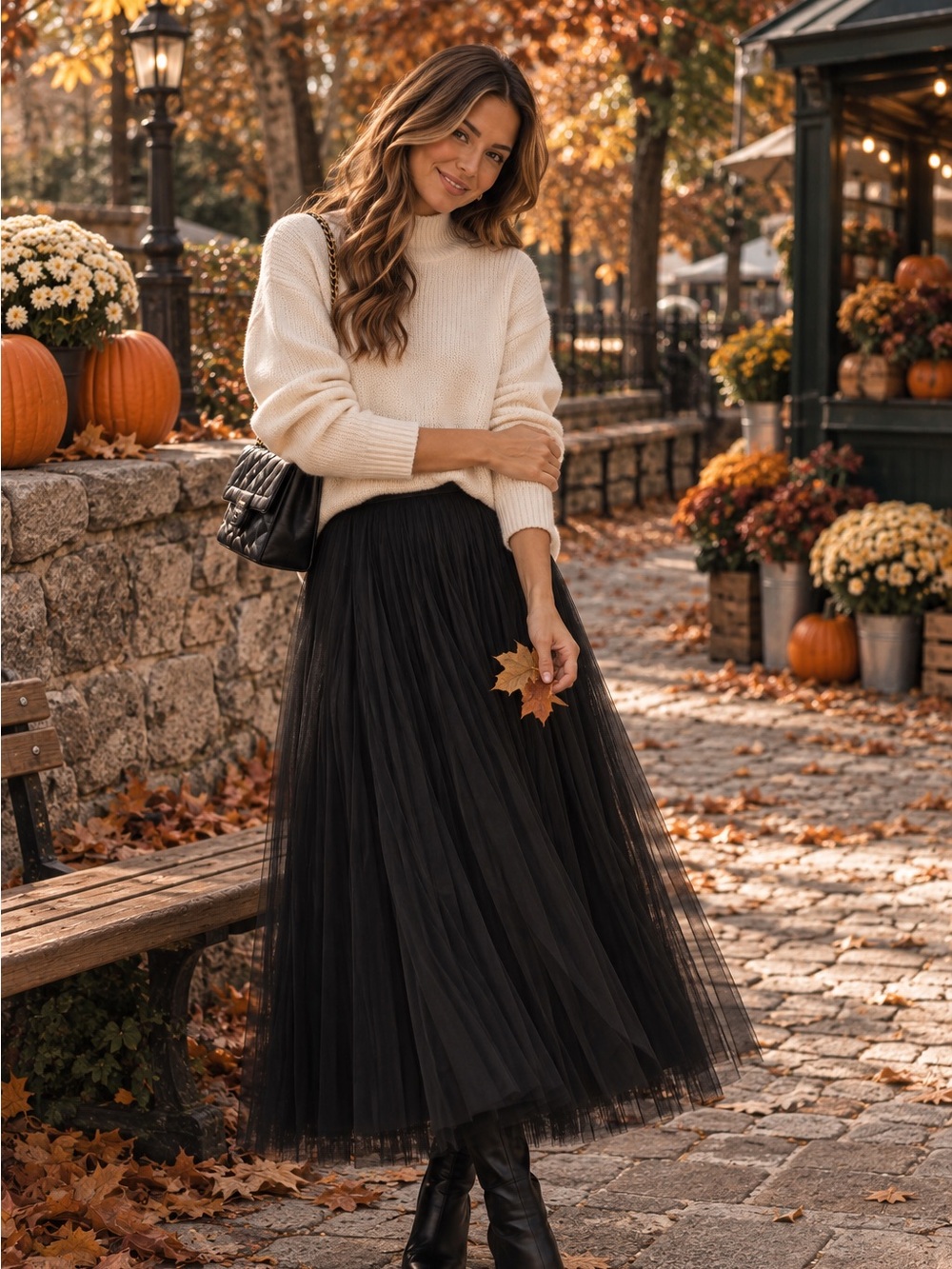 Preppy Layered Tulle Midi Skirt Romantic A-Line feminine black
